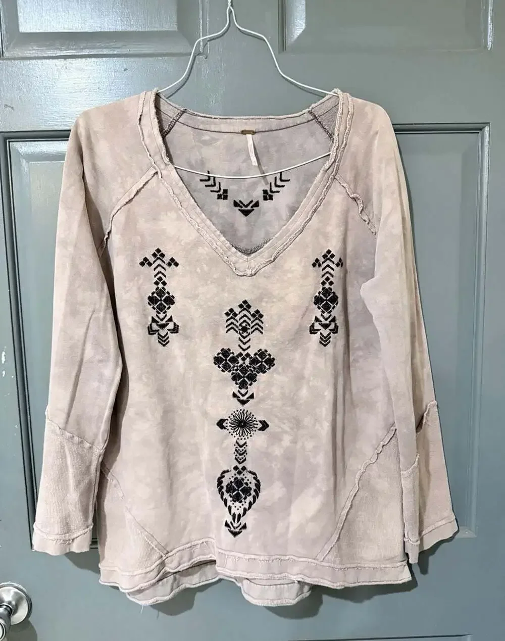 Free People Embroidered V-Neck Raw Hem Tie-Dye Pullover